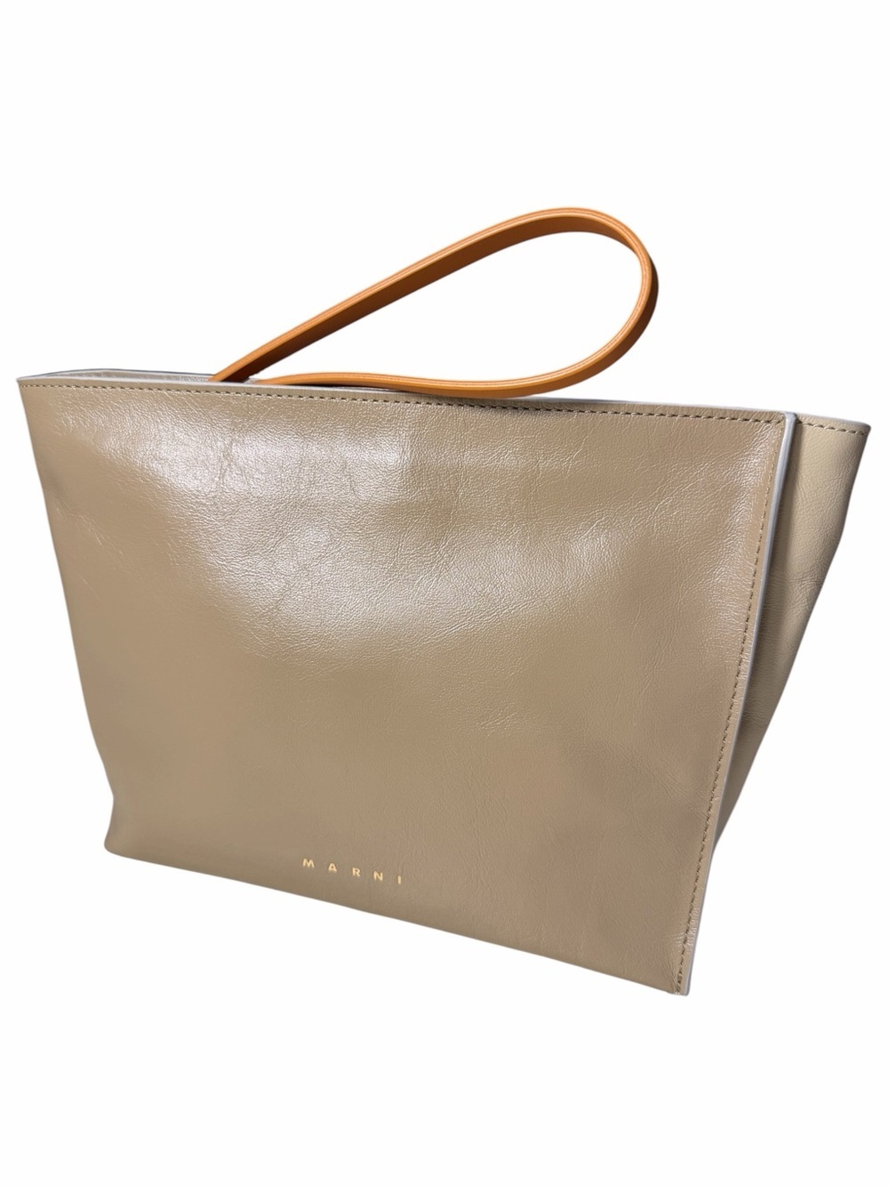 Marni East-West Museo Leather Wristlet Clutch Moonstone Tan Loop Handle Dust Bag